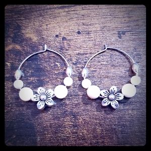 Floral white shell hoop earrings, boho classy hoop